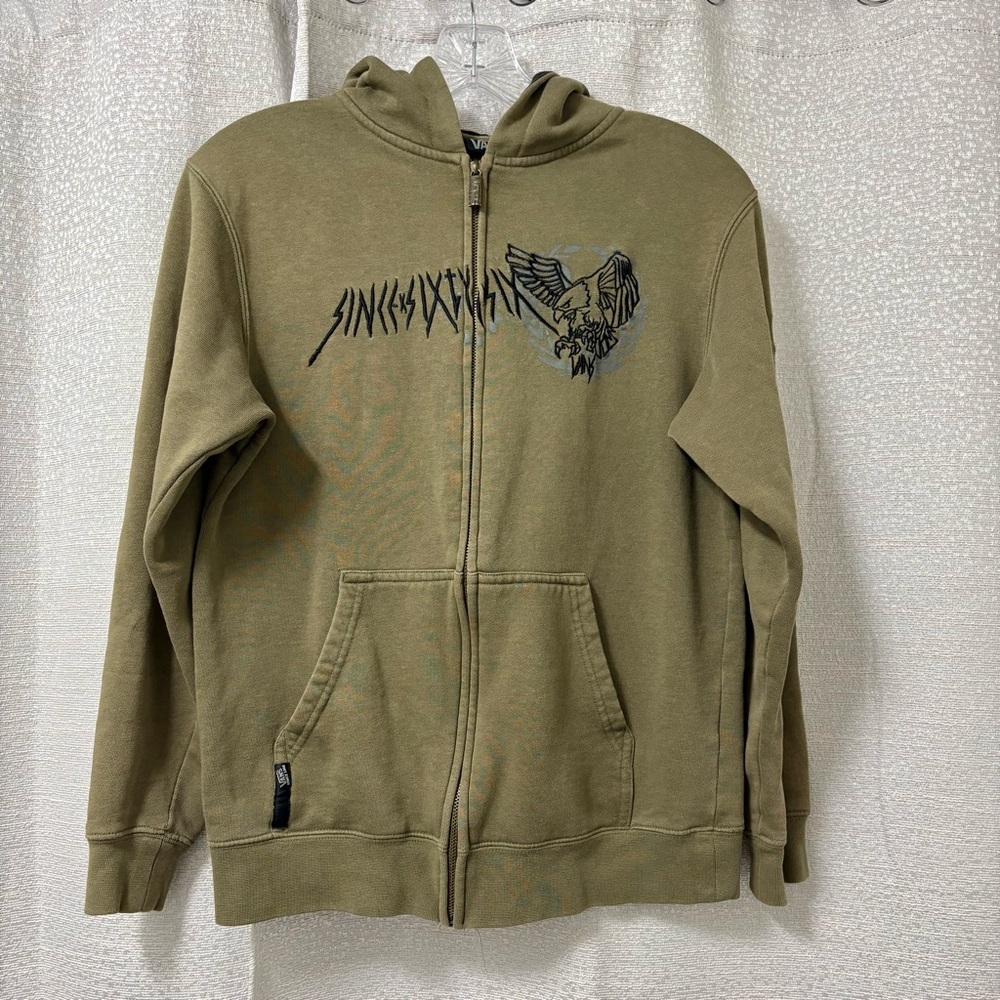 Vans Boys Olive Graphic Eagle Zip-Up Hoodie Size Medium 2000s,Everyday, School